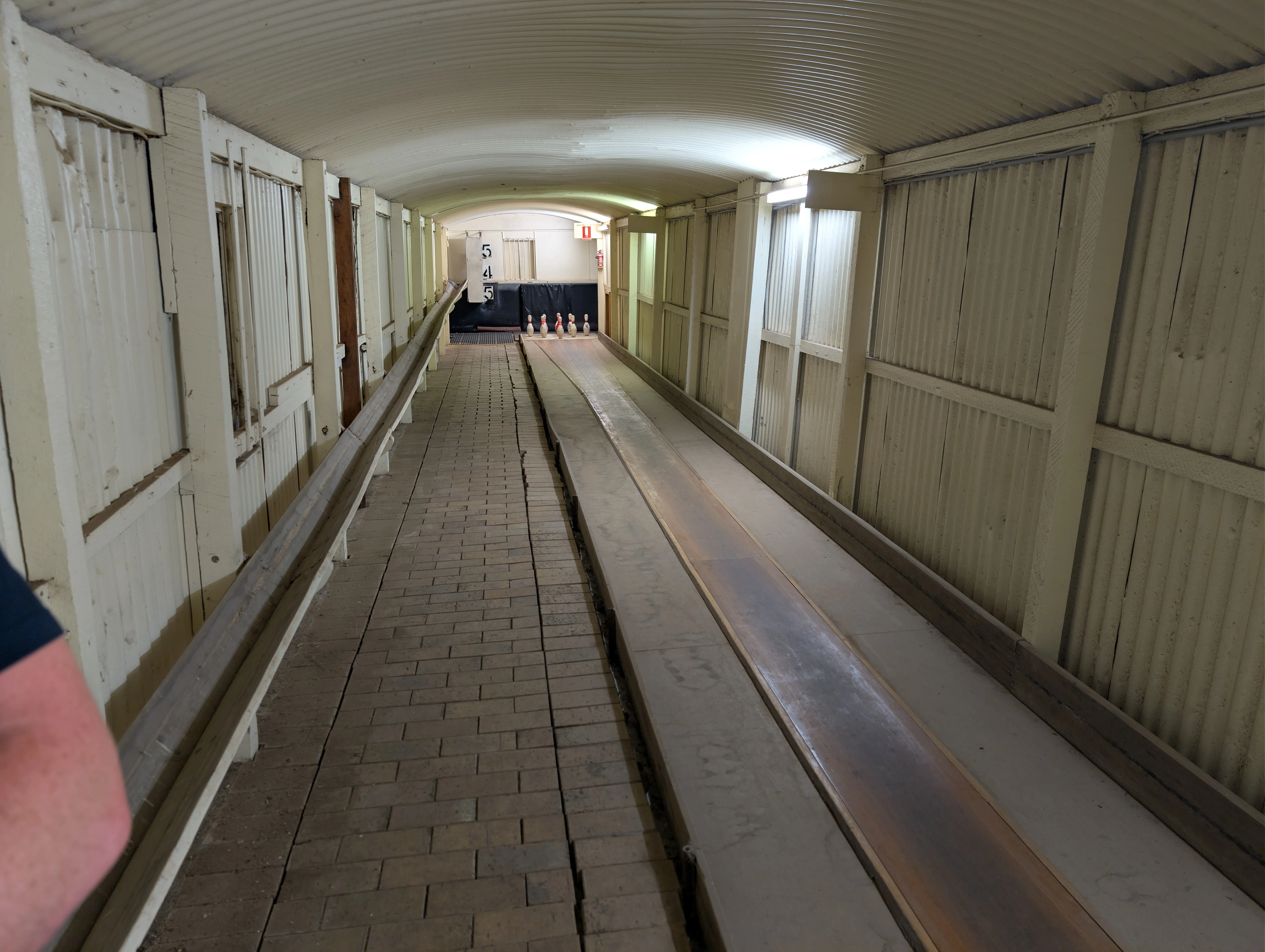View down the Tanunda Kegel Club lanes, showing the narrow Bohlenbahn plank and pin end